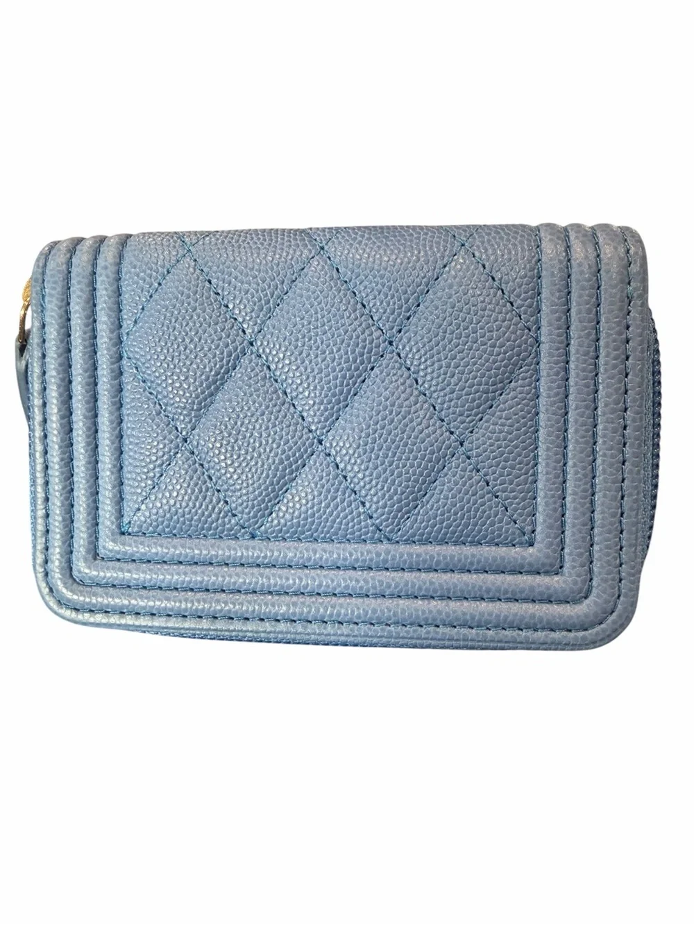 CHANEL NWOT Boy Light Blue Quilted Zip Coin Card Zip Wallet with Gold CC Accent